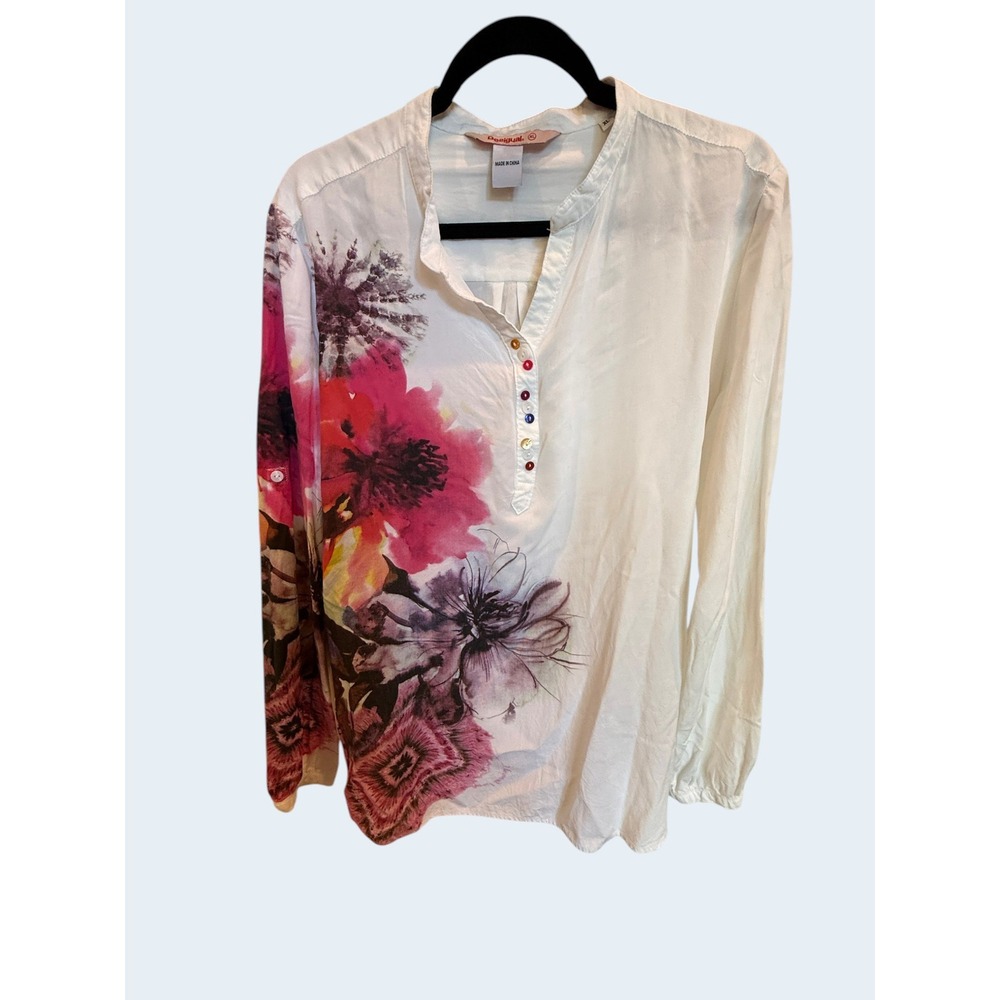 NWOT Desigual Watercolor Floral Button Placket Blouse White Multi Color XL Boho